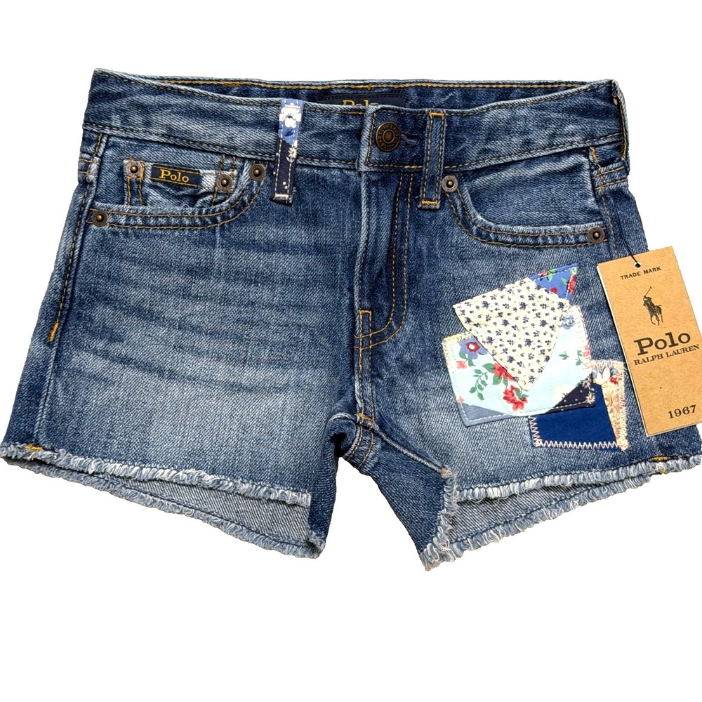 Polo Ralph Lauren Denim Shorts Girls Size 4 Nantucket Blue Patchwork Cut Off